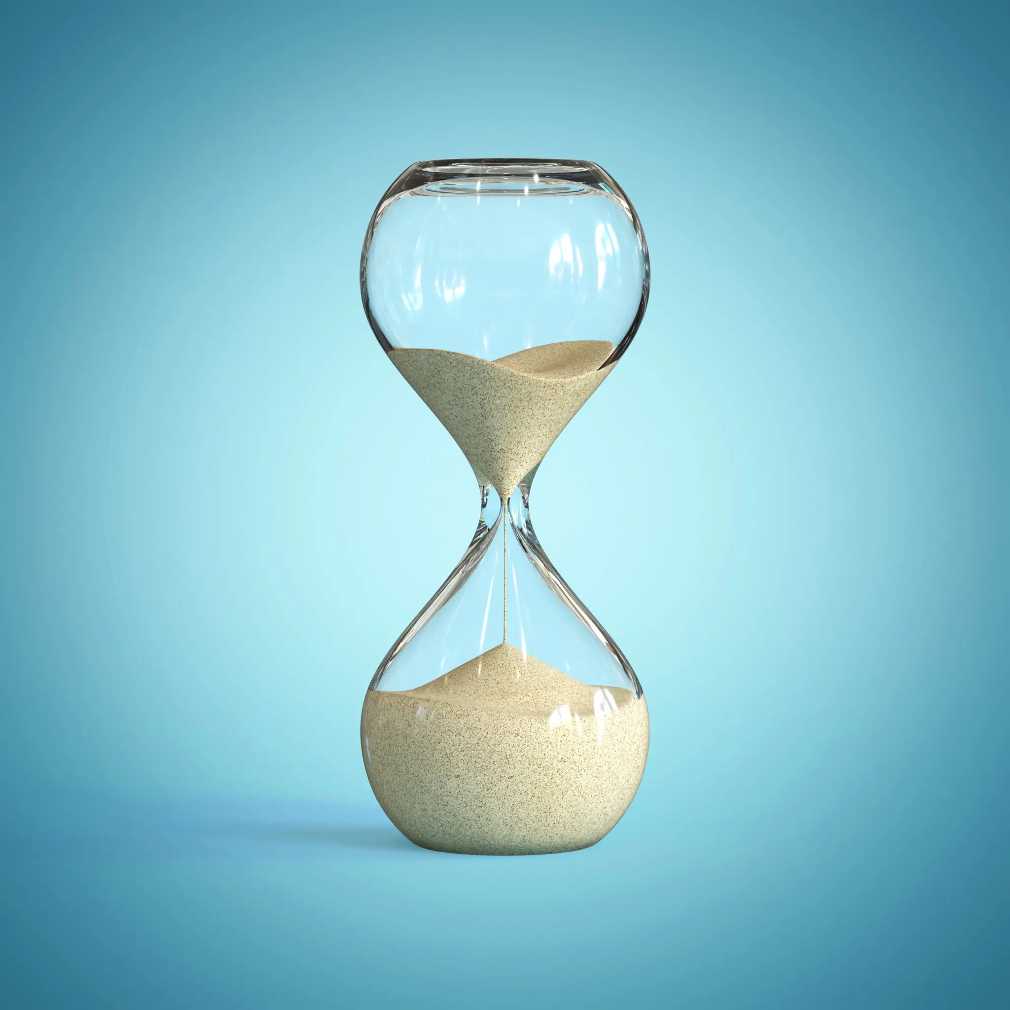Hourglass on blue background, sandglass 3d rendering isolated illustration