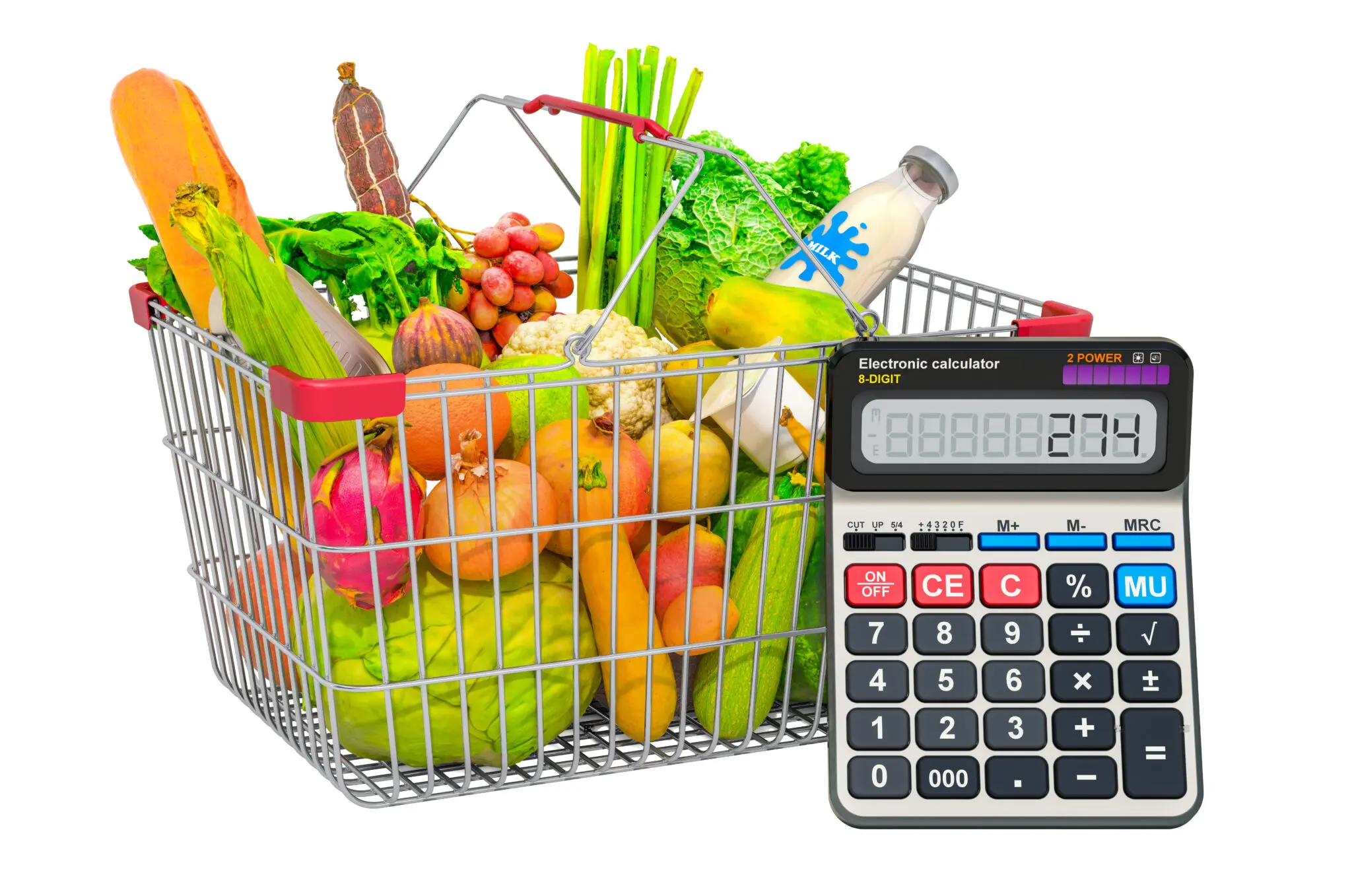 Shopping basket full of products with calculator, 3D rendering isolated on white background