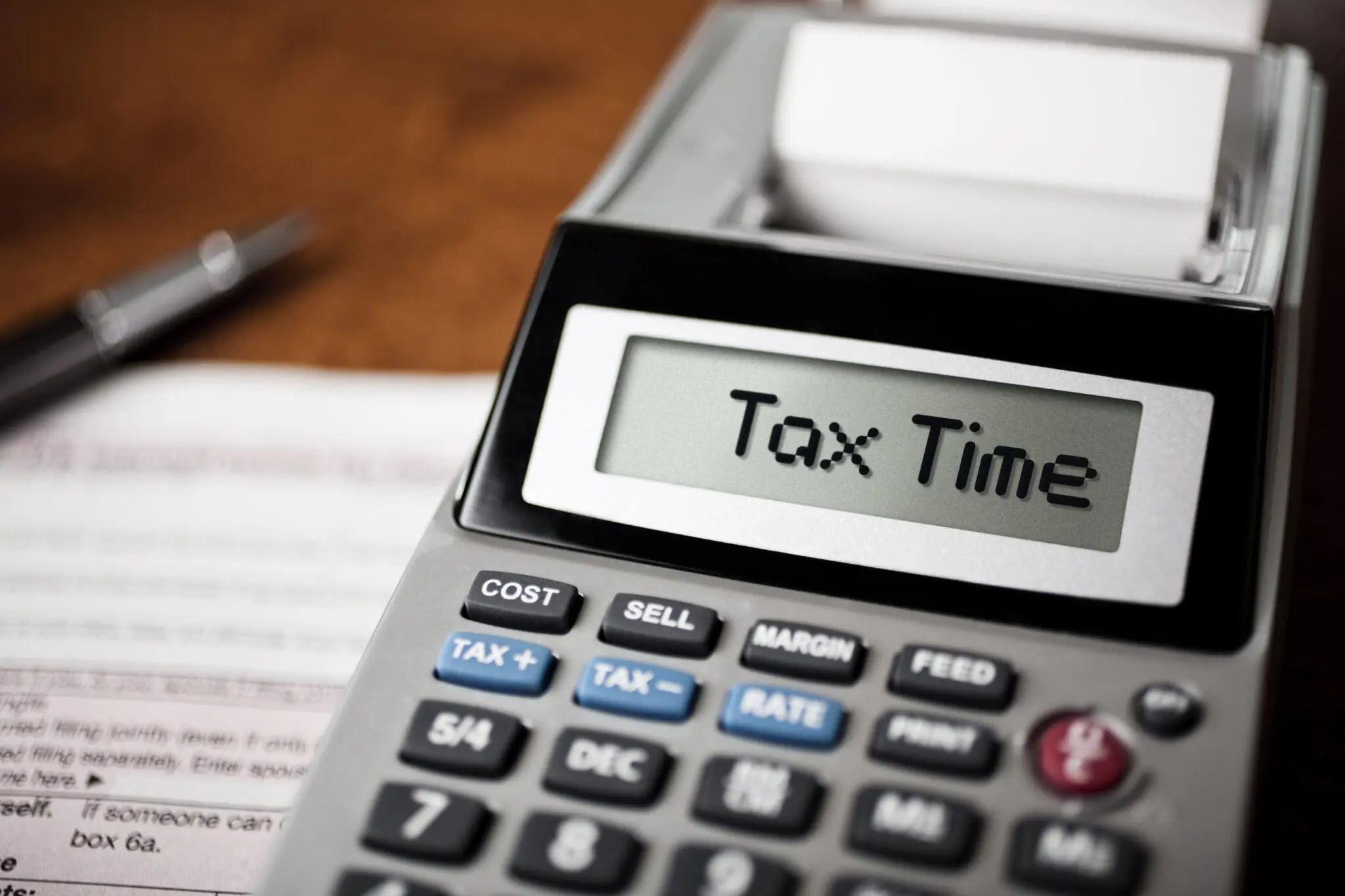 Tax Time spelled out on a calculator.