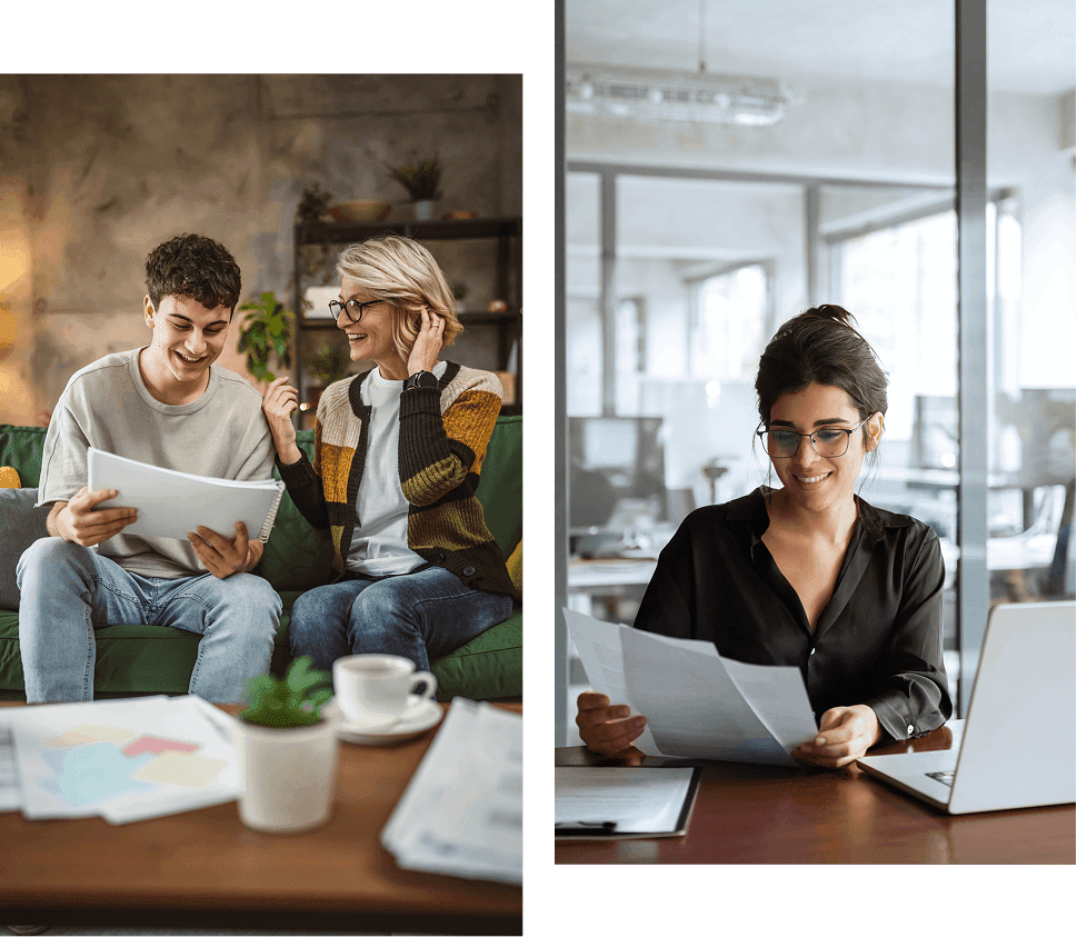 People reviewing documents in home and office.