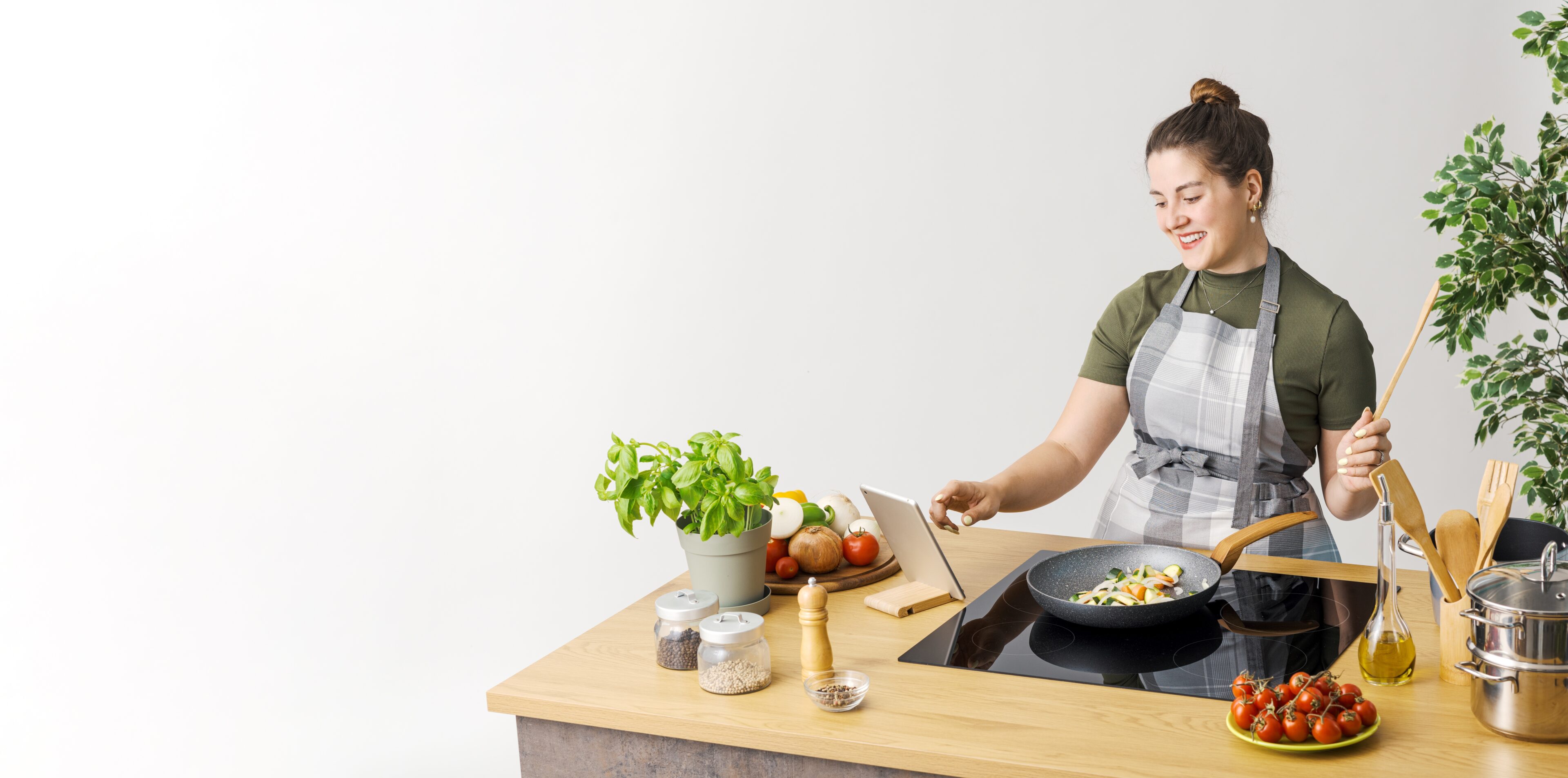 Happy,Woman,Preparing,A,Meal,At,Home,And,Searching,For
