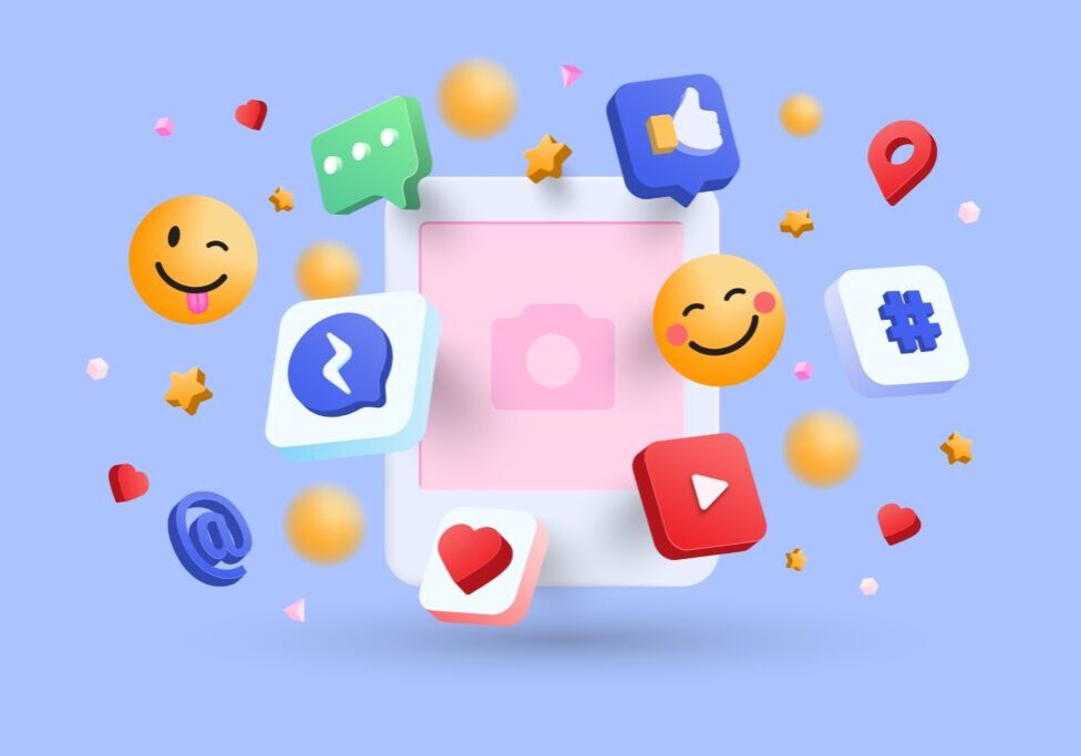 Blank,Social,Network,Post,Surrounded,With,Floating,Elements,On,Blue
