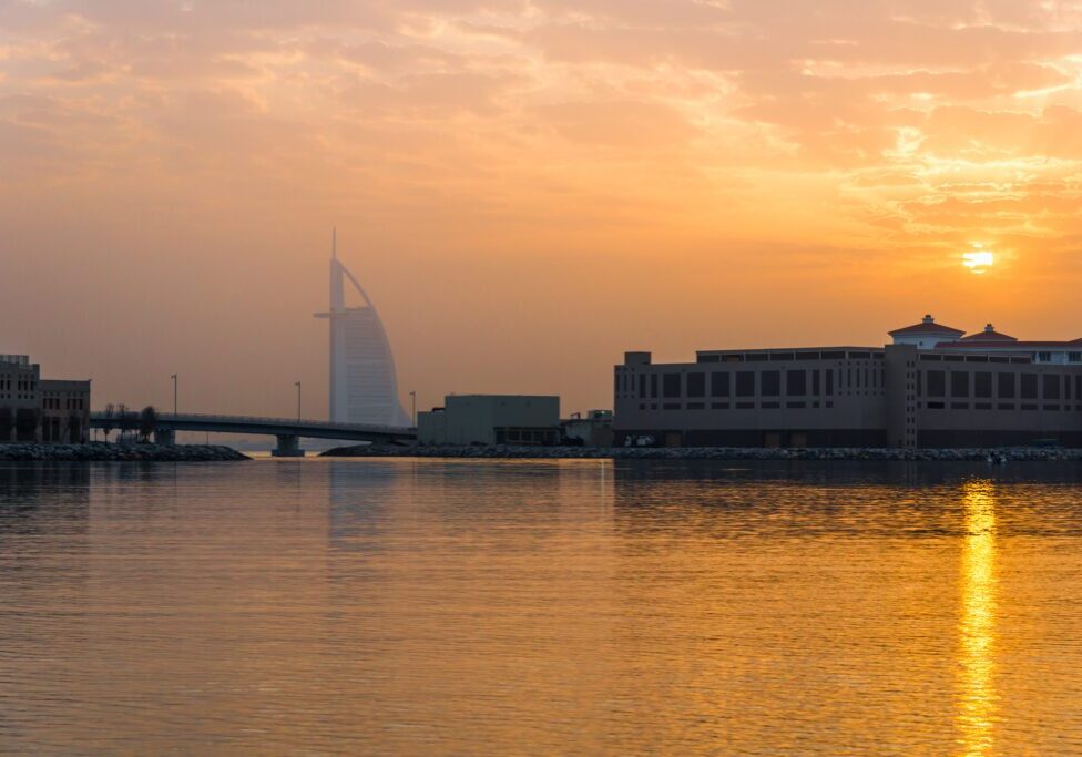 Dubai The Palm Jumeirah - Homes at dawn with Hotel Burj al Arab
