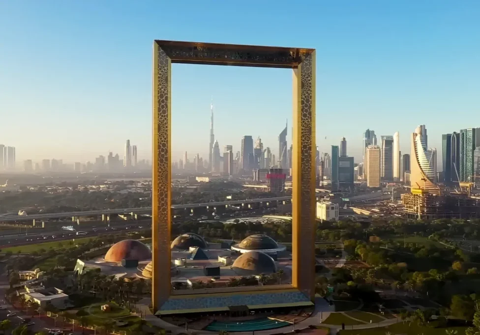 Dubai Frame with city skyline background.